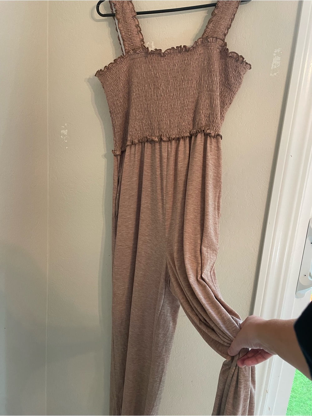 Smocked Wide-Leg Jumpsuit in Mauve Taupe